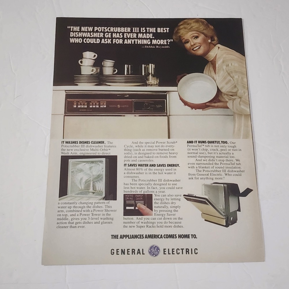 Vintage 1980s GE General Electric Dishwasher Print Ad Debbie Reynolds Clipping